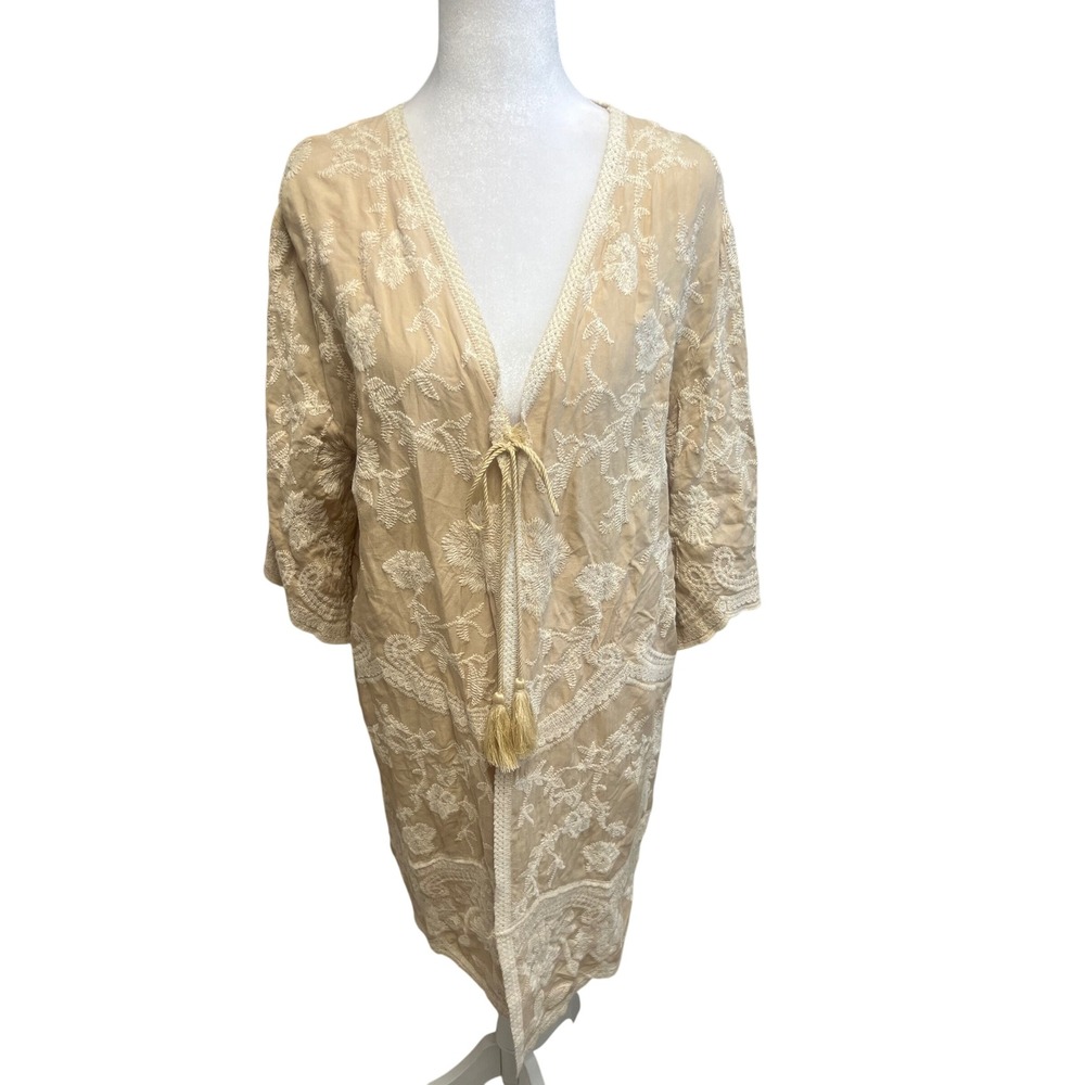 Solitaire‎ Anthro Kimono Cardigan Duster Tan Cream Embroidered Sz M Bridal Beach